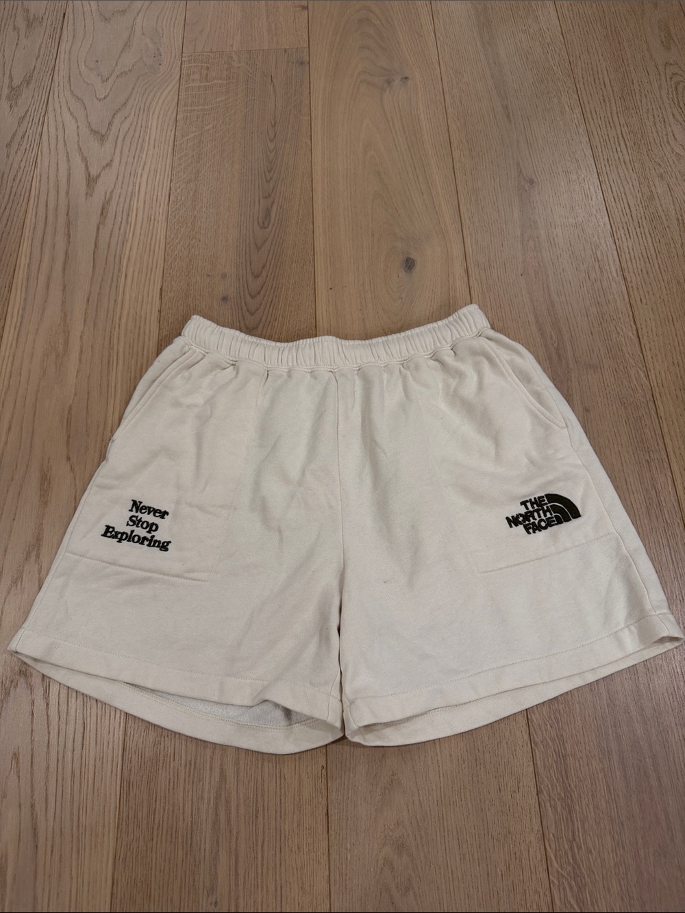 The North Face Men’s Cream Athletic Shorts with Olive Logos Size Small